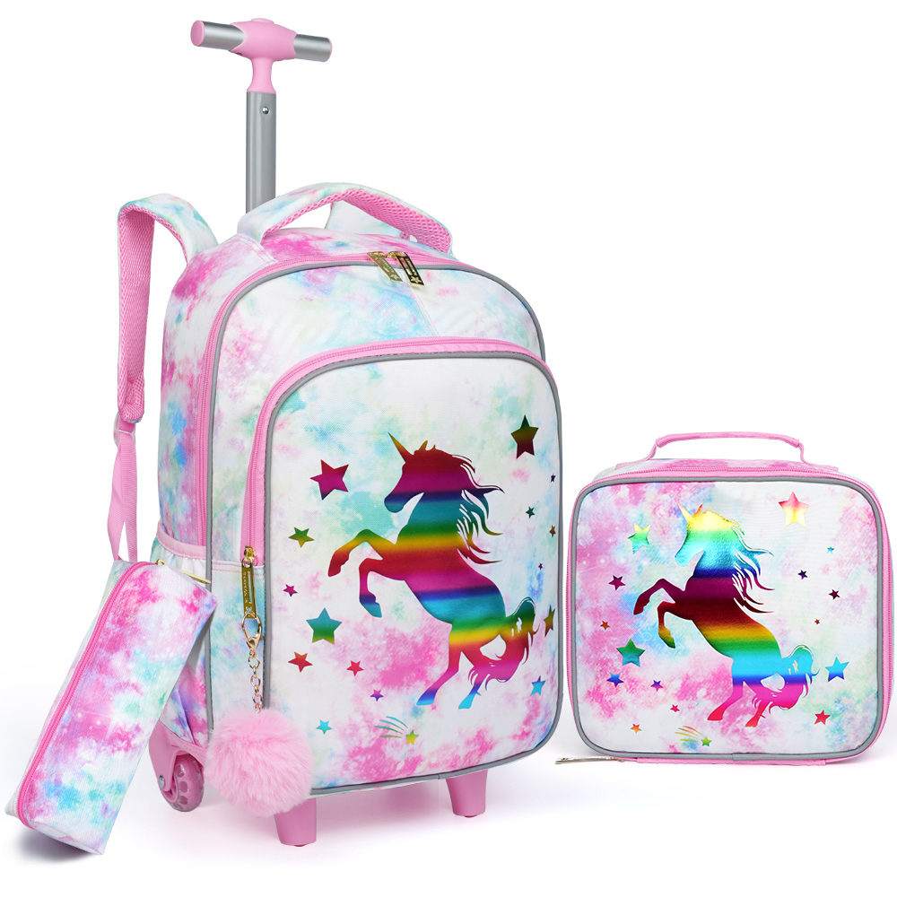 Travel Accessories Toddler - 3点セット 子供用トラベルバッグ、荷物バッグ、車輪付きブックバッグ、ランチボックスとペンバッグ付き、ピンクの漫画ユニコーン柄、夜間反射機能付き