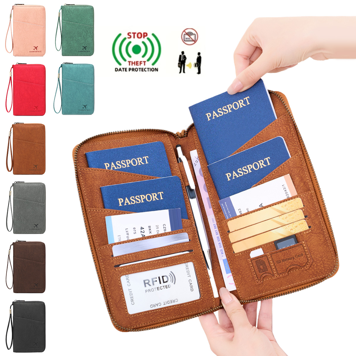 Travel Accessories Passport Holder - ·NewRFID盗難防止カードスワイプ式トラベルパスポートホルダー男女兼用大容量ジッパー付きドキュメントホルダーPU多機能収納バッグ