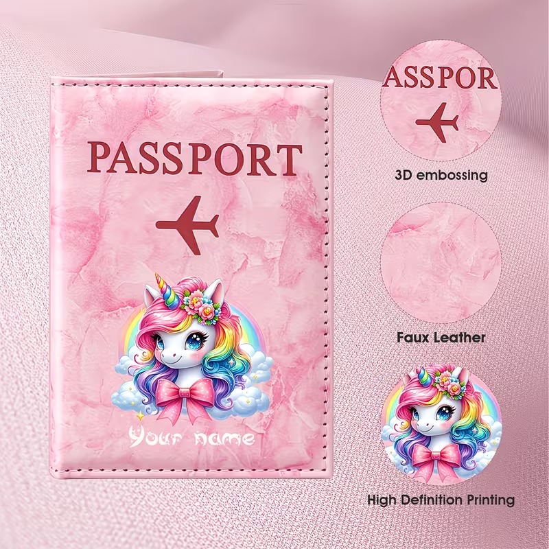 Travel Accessories Passport Holder - パーソナライズされた名前入りカスタムPUパスポートホルダー、虹雲のユニコーンイラストが特徴で、夢のようなロマンチックな旅行に最適です。
